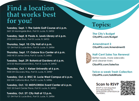 A promotional graphic with a teal and dark green design listing multiple community meeting dates and locations in Port St. Lucie, Florida. The left side reads “Find a location that works best for you!” followed by events from September 1 to October 27 at various venues, each with an address and time. The right side has a “Topics:” header with four listed subjects: The City’s Budget, Amendment 3, Half‑Cent Sales Tax Renewal, and Twice‑a‑week Trash Collection, each with a corresponding CityofPSL.com link. A QR code appears in the bottom right corner with text stating “Scan to RSVP. RSVP is not required but requested to anticipate attendance numbers.” The background features curved teal and white shapes.