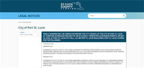 Screenshot of the St. Lucie County legal portal, showing what the legal notices page will look like for the City of Port St. Lucie.