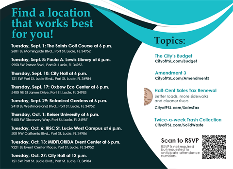 A promotional graphic with a teal and dark green design listing multiple community meeting dates and locations in Port St. Lucie, Florida. The left side reads “Find a location that works best for you!” followed by events from September 1 to October 27 at various venues, each with an address and time. The right side has a “Topics:” header with four listed subjects: The City’s Budget, Amendment 3, Half‑Cent Sales Tax Renewal, and Twice‑a‑week Trash Collection, each with a corresponding CityofPSL.com link. A QR code appears in the bottom right corner with text stating “Scan to RSVP. RSVP is not required but requested to anticipate attendance numbers.” The background features curved teal and white shapes.
